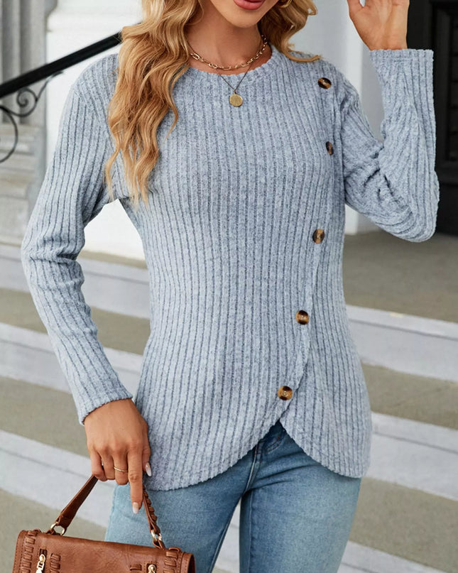 Ribbed Knit Decor Button T-Shirt Light Blue