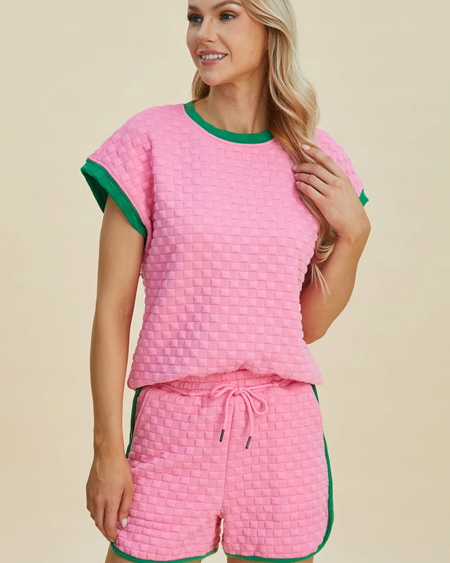 Double Take Full Size Texture Contrast T-Shirt and Shorts Set