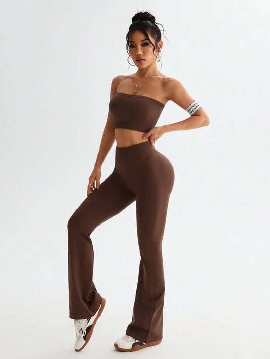 Tube Top and High Waist Flare Pants Active Set 