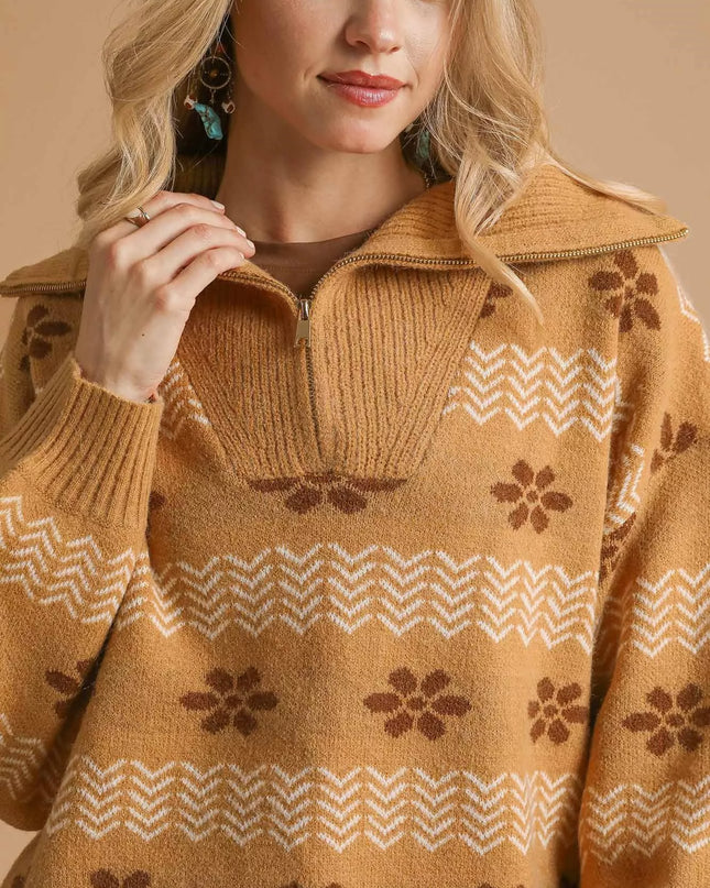 Umgee Floral Patterned Jacquard Quarter-Zip Pullover Sweater