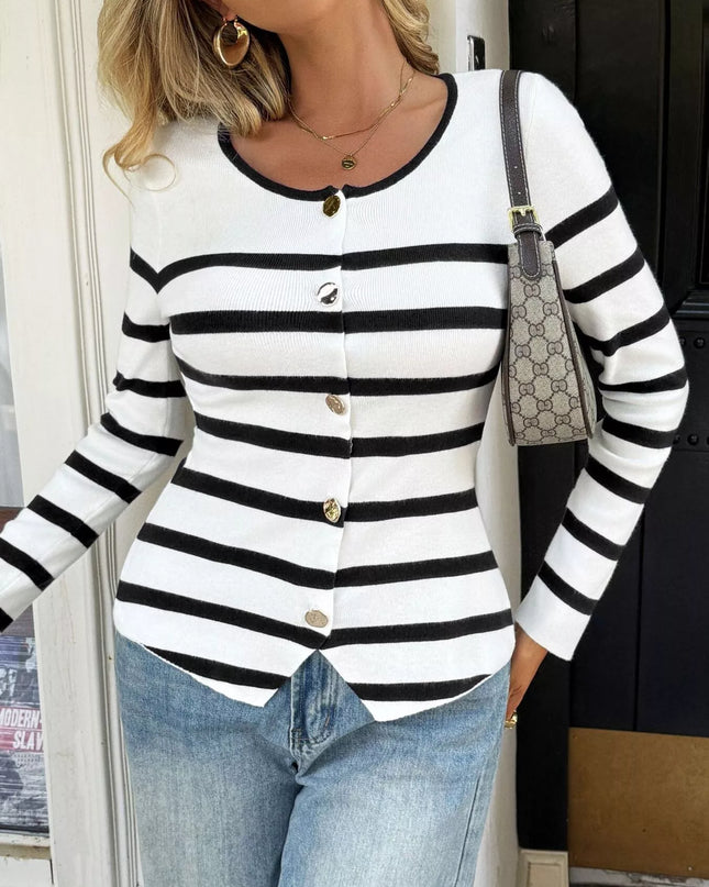 Striped Button-Up Knit Cardigan