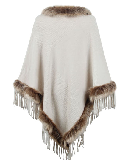 Faux Fur Trim Fringed Poncho