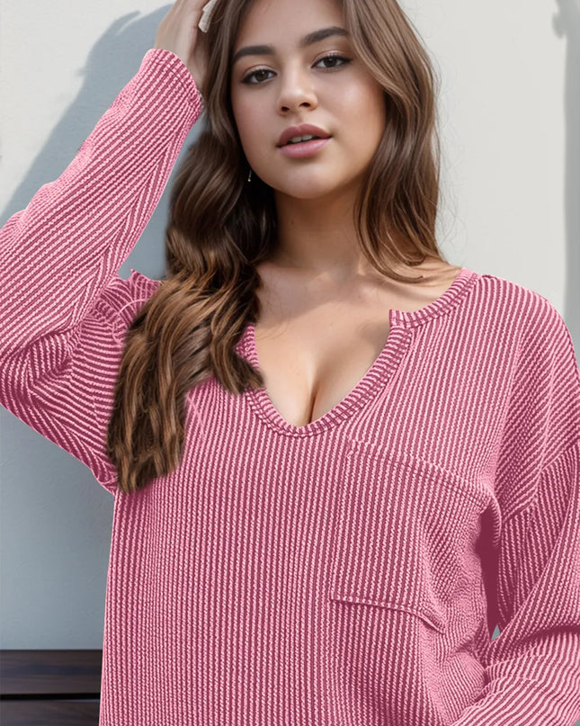 Double Take Striped Notched Long Sleeve T-Shirt