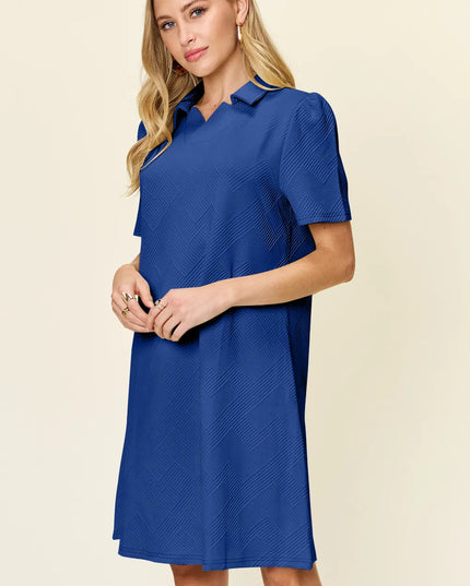 Double Take Full Size Texture Collared Neck Short Sleeve Dress