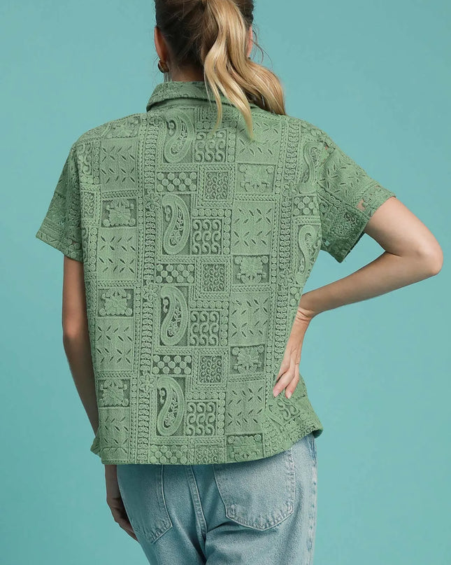 Umgee Patch Lace Short Sleeve Button Down Shirt