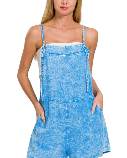 Zenana Washed Linen Knot Strap Rompers 