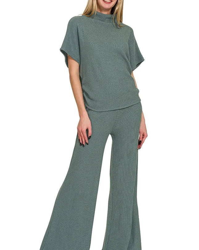 Zenana Mock Neck Top and Pants Sweater Set ASH JADE