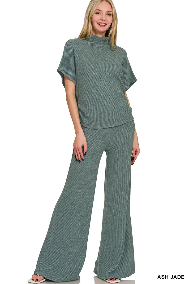 Zenana Mock Neck Top and Pants Sweater Set ASH JADE