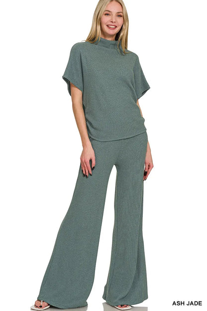 Zenana Mock Neck Top and Pants Sweater Set ASH JADE