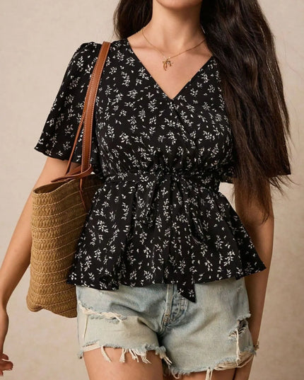Floral Print Short Sleeve Peplum Blouse
