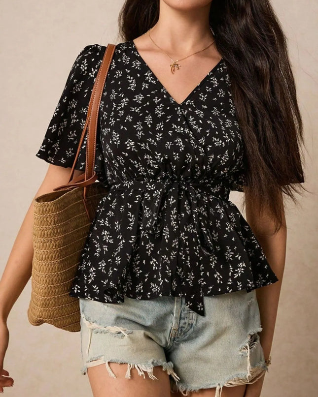 Floral Print Short Sleeve Peplum Blouse
