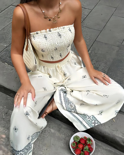 Smocked Tube Top and Pants Set Cream