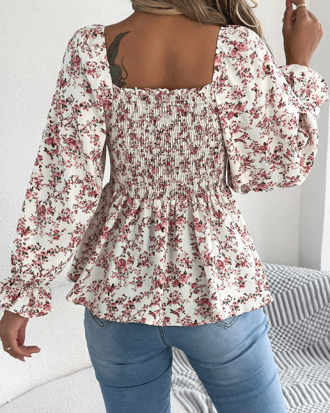 Floral Square Neck Flounce Sleeve Blouse 
