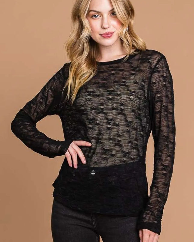 Culture Code Full Size Round Neck Mesh Perspective Top Black