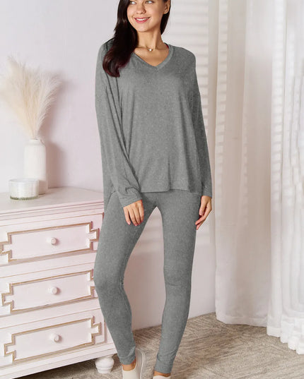 Basic Bae Bamboo Full Size V-Neck Long Sleeve Top and Pants Lounge Set Gray