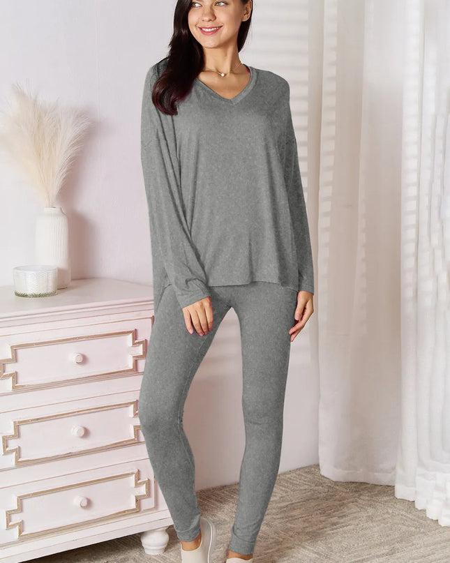 Basic Bae Bamboo Full Size V-Neck Long Sleeve Top and Pants Lounge Set Gray