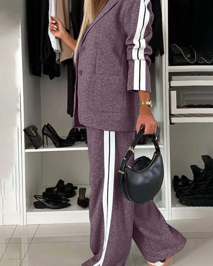 Full Size Contrast Lapel Collar Top and Pants Set