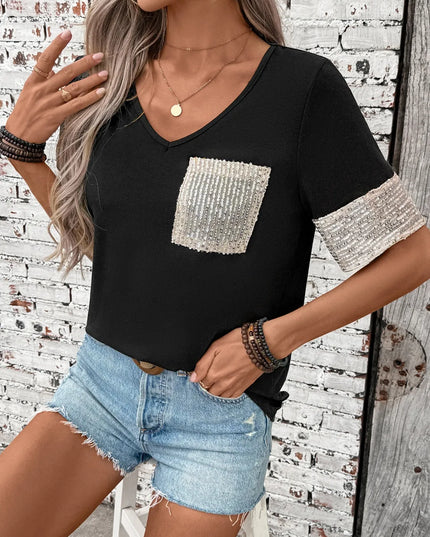 Sequin V-Neck Short Sleeve T-Shirt