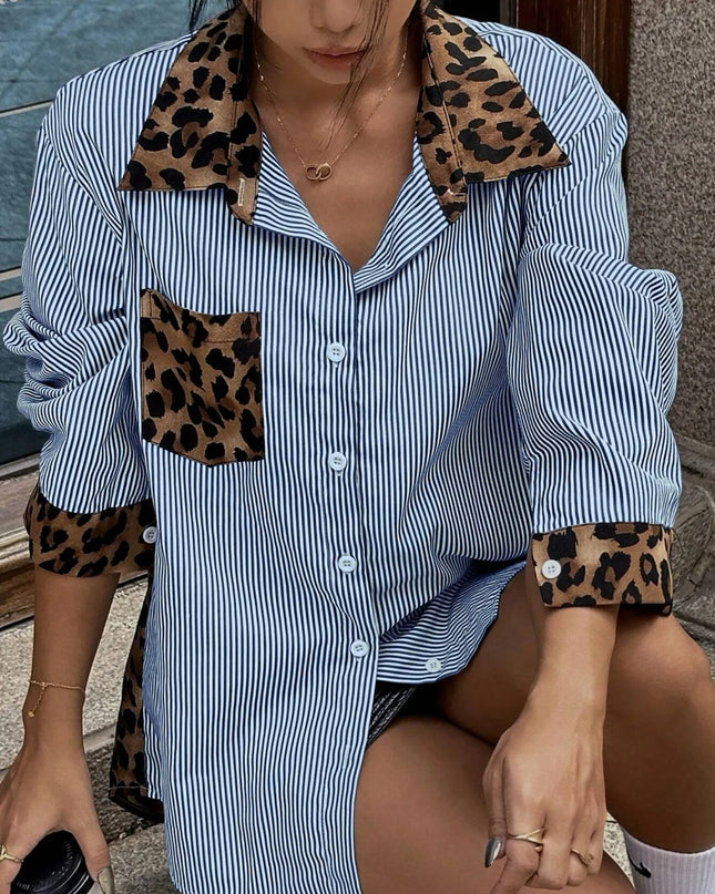 Leopard Striped Button-Up Shirt Blue