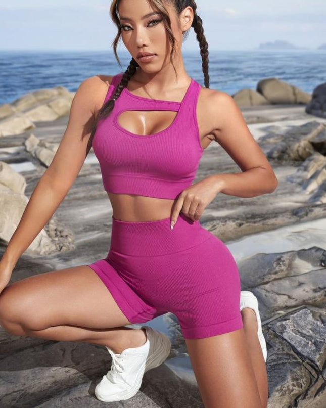 Cutout Crop Top and Sports Shorts Set Red-Violet