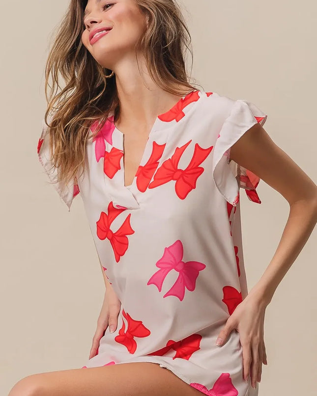BiBi Bow Printed Woven Ruffled Sleeves V Neck Top