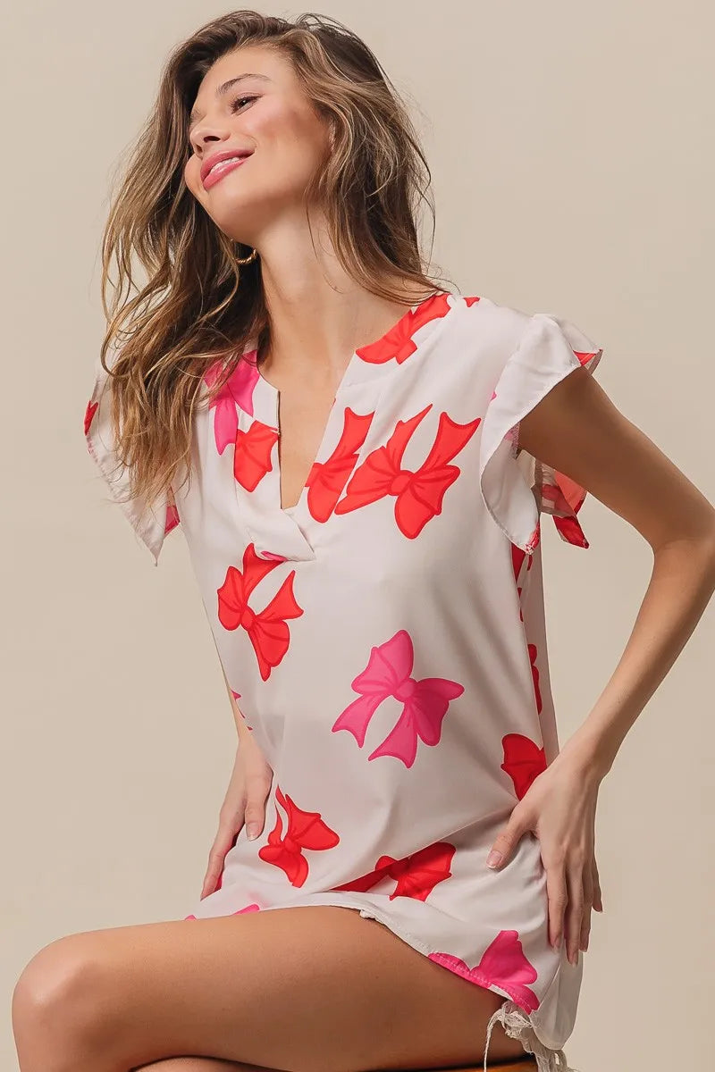 BiBi Bow Printed Woven Ruffled Sleeves V Neck Top