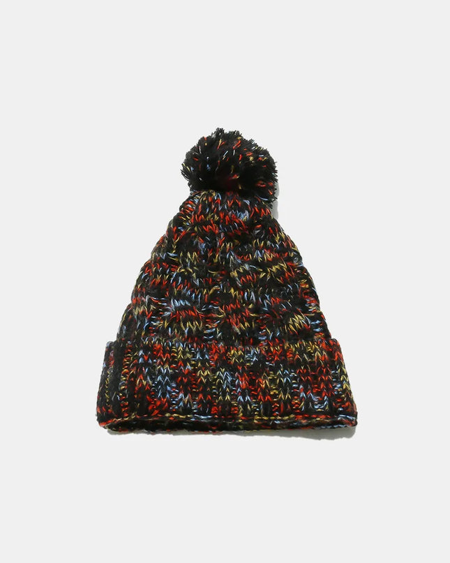 Contrast Cable-Knit Hat with Pompom Black One Size