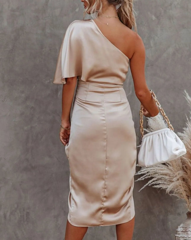 One-Shoulder Satin Wrap Dress with Side Slit