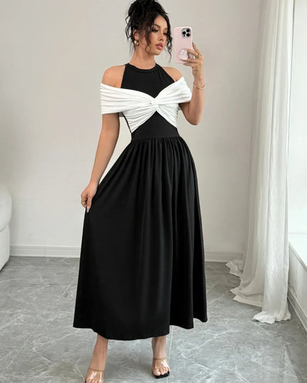 Twisted Contrast Cold Shoulder Midi Dress 
