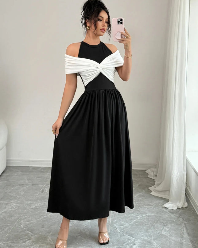 Twisted Contrast Cold Shoulder Midi Dress 