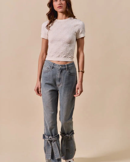 SO ME Floral Patterned Seamless Short Sleeve Top