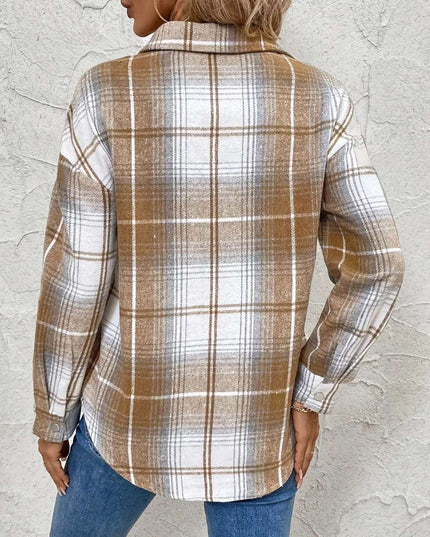 Plaid Collared Neck Half Zip Long Sleeve Top