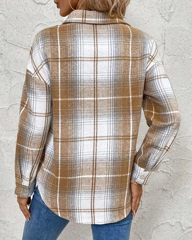 Plaid Collared Neck Half Zip Long Sleeve Top