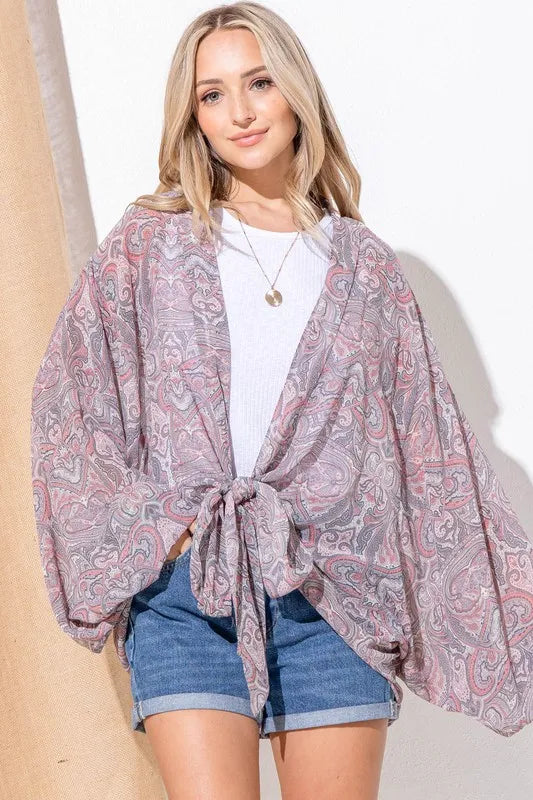 And The Why Sheer Front Tie Knot Oversized Kimono Wrap Cover Up