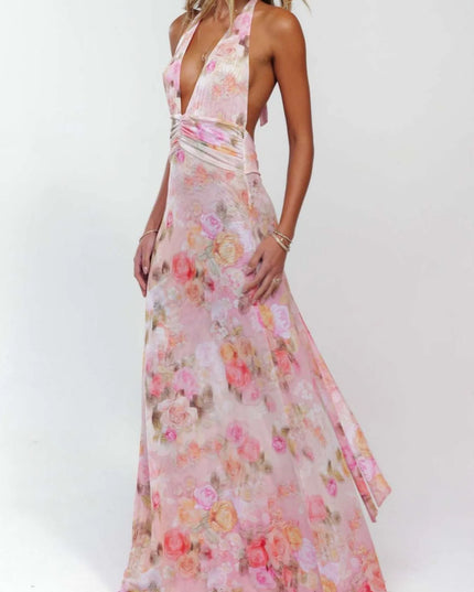 Floral Halter Neck Deep V Maxi Dress