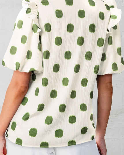 Polka Dot Shirred Yoke Notched Neck Puff Sleeve Blouse