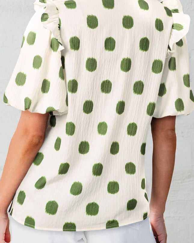Polka Dot Shirred Yoke Notched Neck Puff Sleeve Blouse