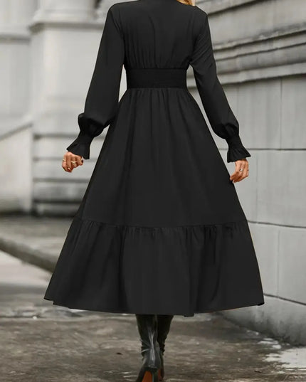 Notched Long Sleeve Tiered Dress