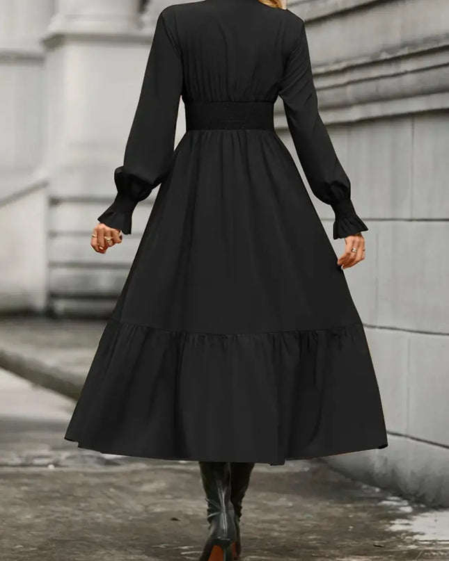 Notched Long Sleeve Tiered Dress
