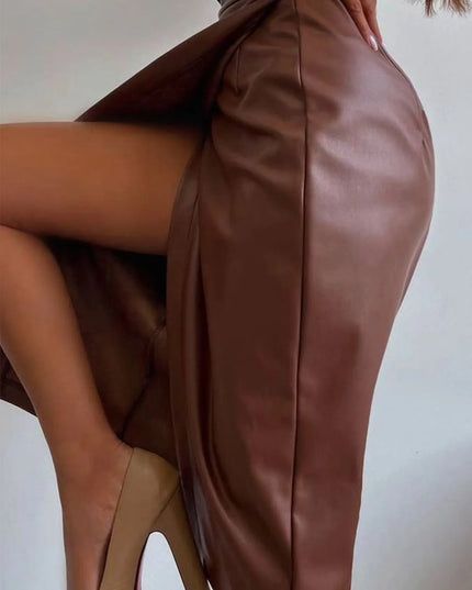 Slit Leather Midi Skirt