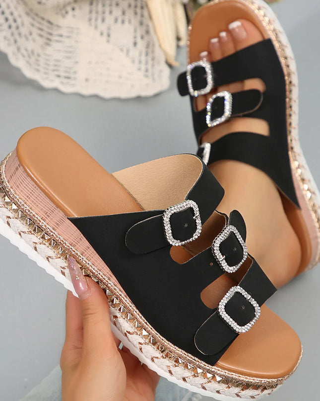 Rhinestone Buckle Platform Sandals 