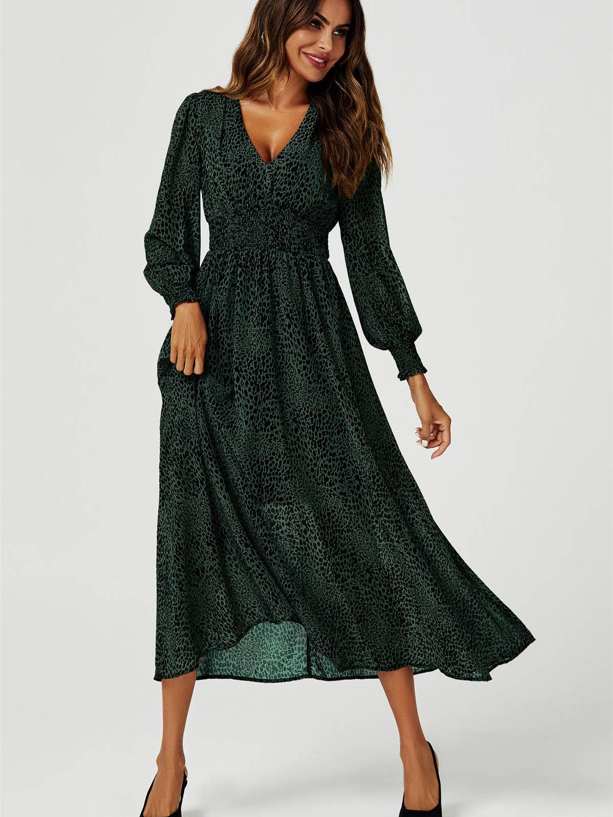 Leopard Print Long Sleeve Maxi Dress in Green