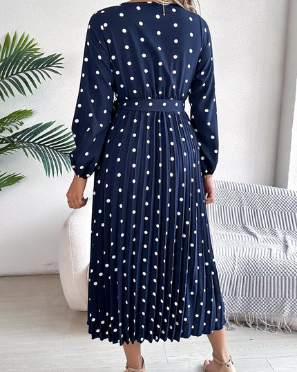 Front Tie Polka Dot Midi Pleated Dress