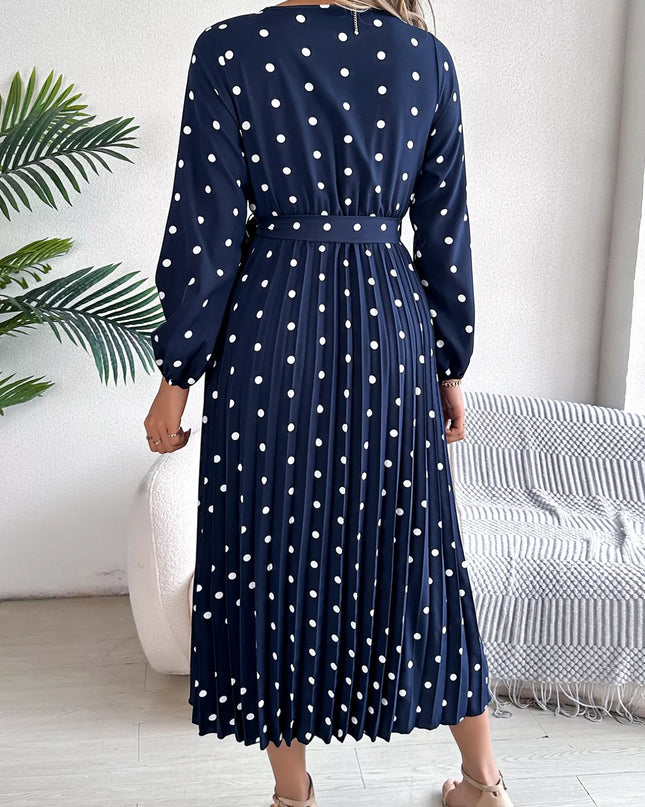 Front Tie Polka Dot Midi Pleated Dress