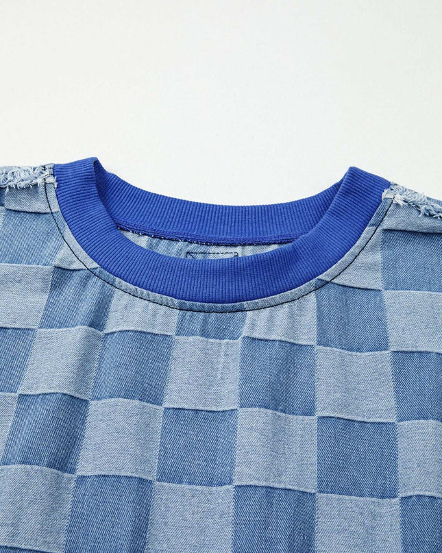 Checkerboard Splicing Raw Detail Oversized Denim Top