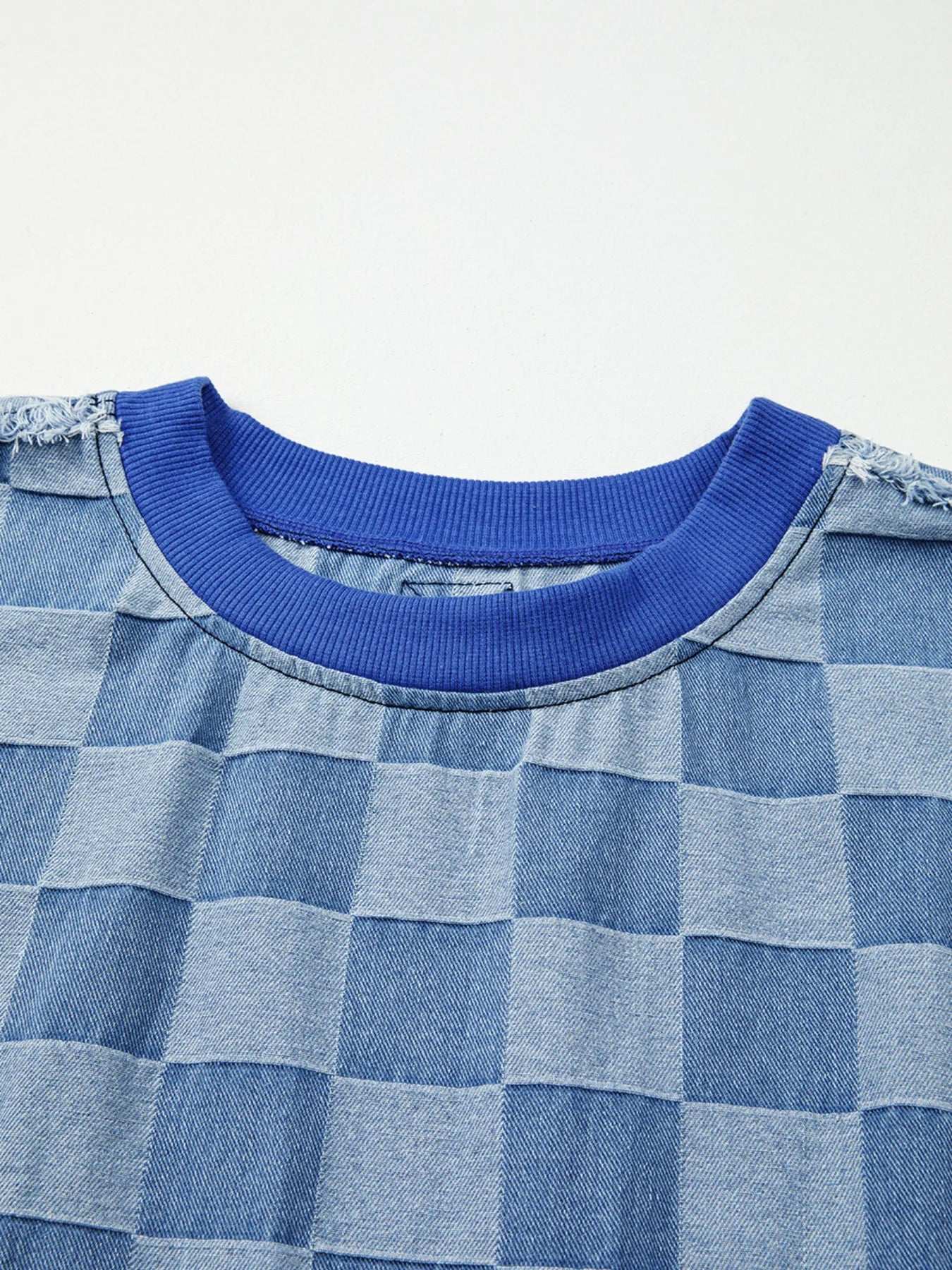 Checkerboard Splicing Raw Detail Oversized Denim Top