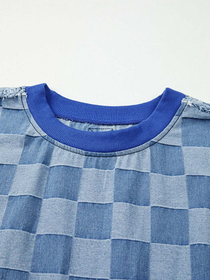Checkerboard Splicing Raw Detail Oversized Denim Top