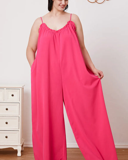 Double Take Full Size Ruffle Trim Tie Back Cami Jumpsuit with Pockets