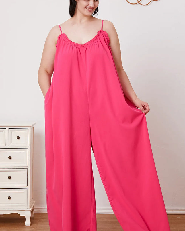 Double Take Full Size Ruffle Trim Tie Back Cami Jumpsuit with Pockets