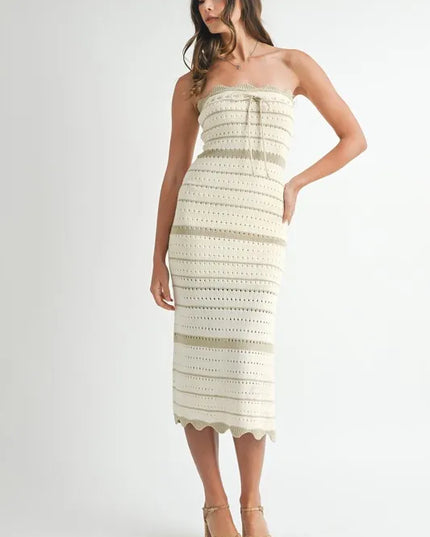 MABLE Contrast Striped Crochet Knit Midi Dress LT TAUPE